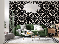 Geometric circle wallpaper in a living room with a green velvet sofa and round table GD12506
