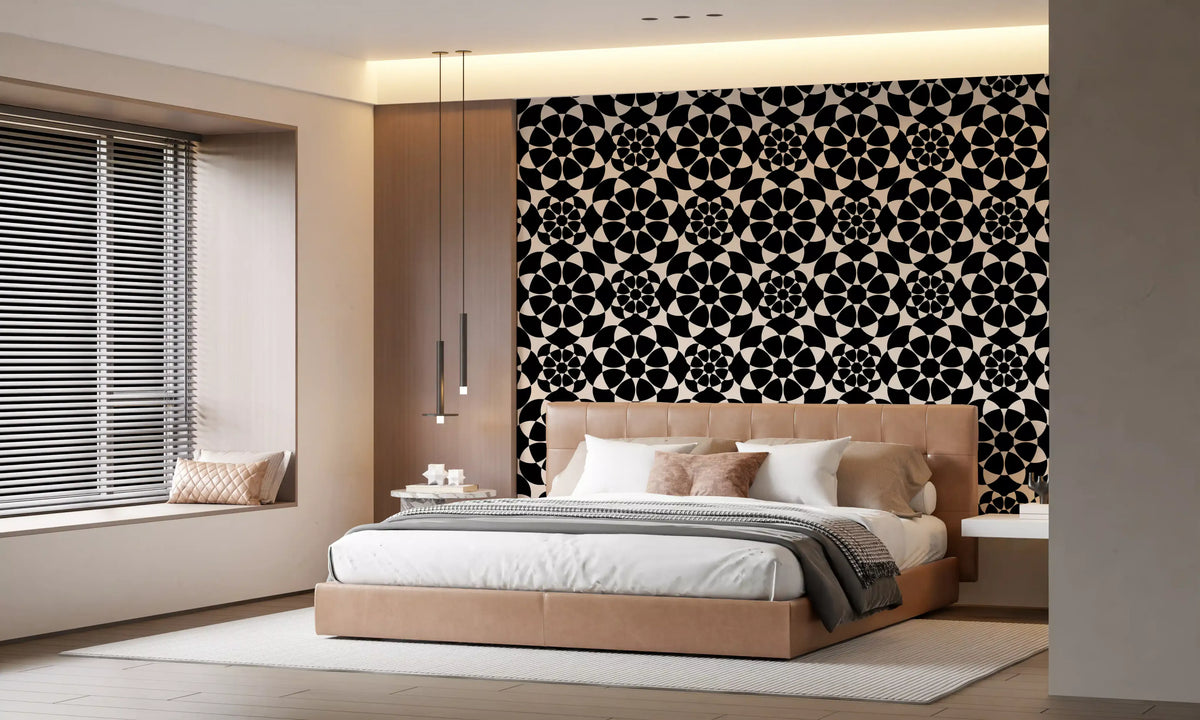 Geometric circle grid wallpaper behind a tan bed near window blinds GD12506