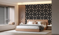Geometric circle grid wallpaper behind a tan bed near window blinds GD12506