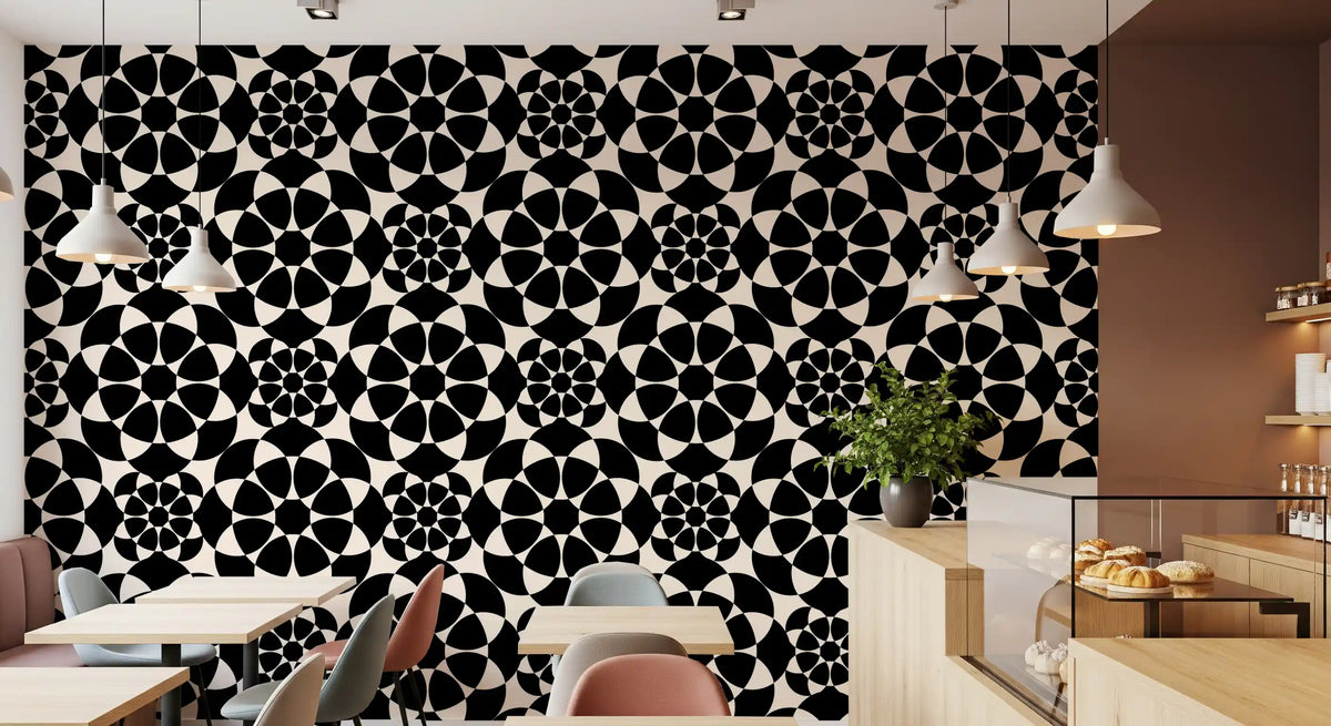 Circle grid wallpaper in a kitchen dining space with pendant lights and wood counter GD12506