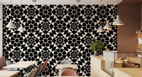 Circle grid wallpaper in a kitchen dining space with pendant lights and wood counter GD12506