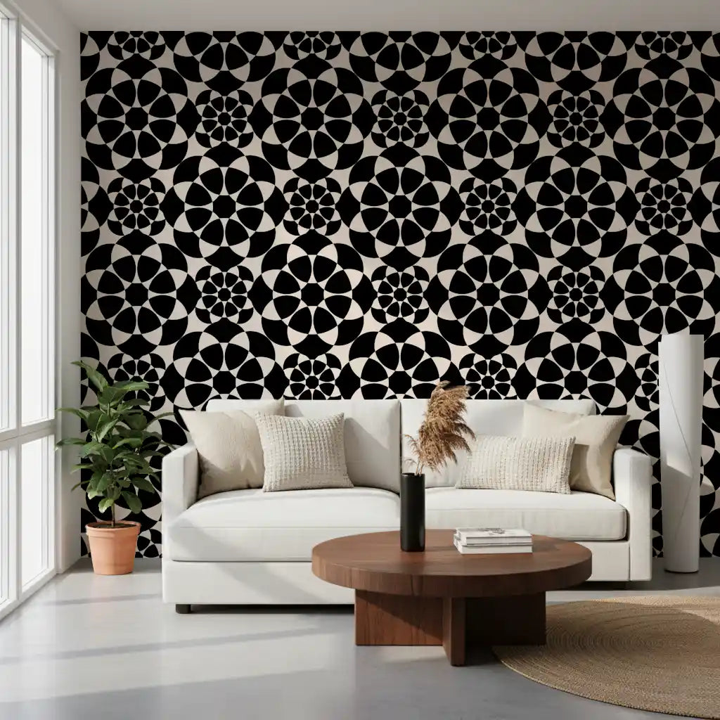Black and white circle wallpaper in a lounge with a cream sofa and jute rug GD12506