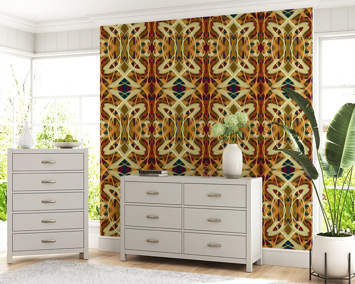 Art nouveau whiplash wallpaper in warm ochre behind a grey dresser and chest GD12507