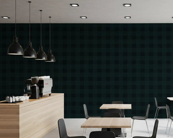 Dark green plaid wallpaper in a cafe with a wood counter and black chairs GD12508
