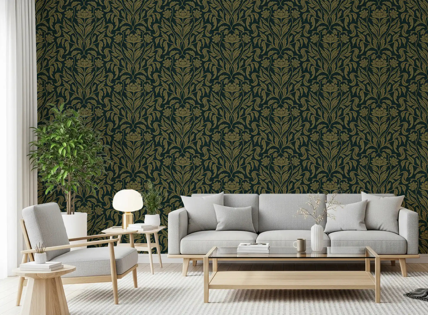 Art Nouveau Old Green Botanical Damask Wallpaper⁠
