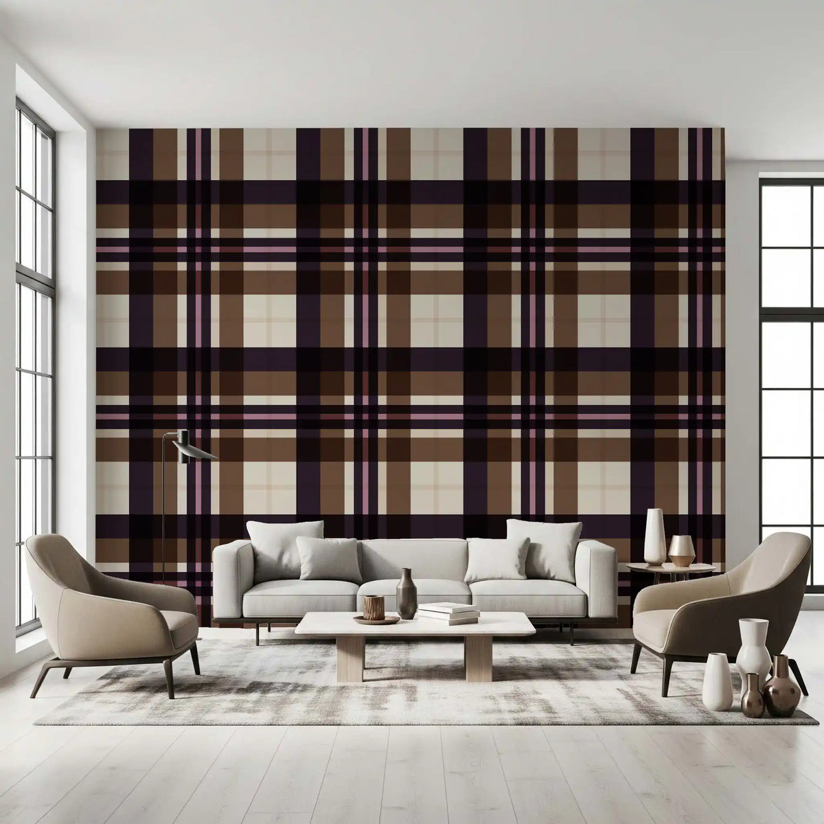 Brown tartan plaid wallpaper in a living room with a cream sofa and grey armchairs GD12510