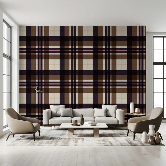 Brown tartan plaid wallpaper in a living room with a cream sofa and grey armchairs GD12510