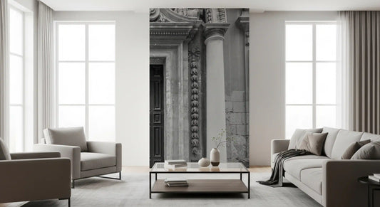 Baroque stone entryway mural behind a grey sofa and armchair in a bright living room GD12619