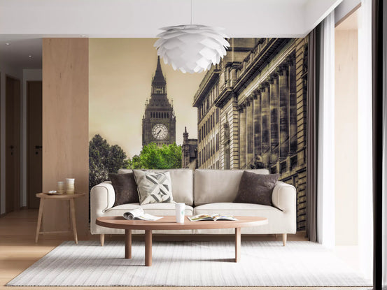 Historic London mural behind a cream sofa and round wooden coffee table in a lounge GD12620