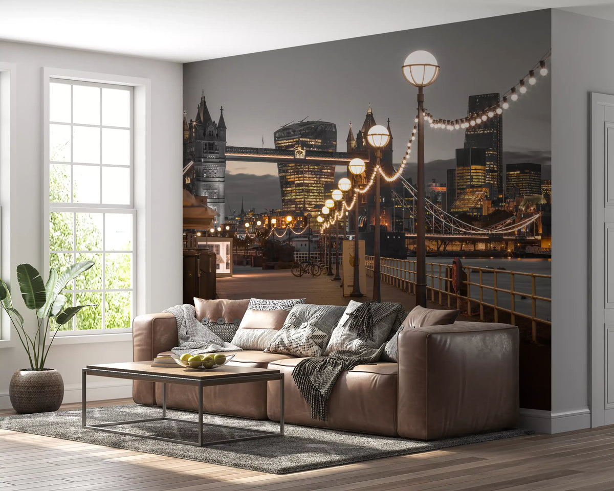 Twilight riverside mural behind a brown leather sofa in a bright living room GD12623