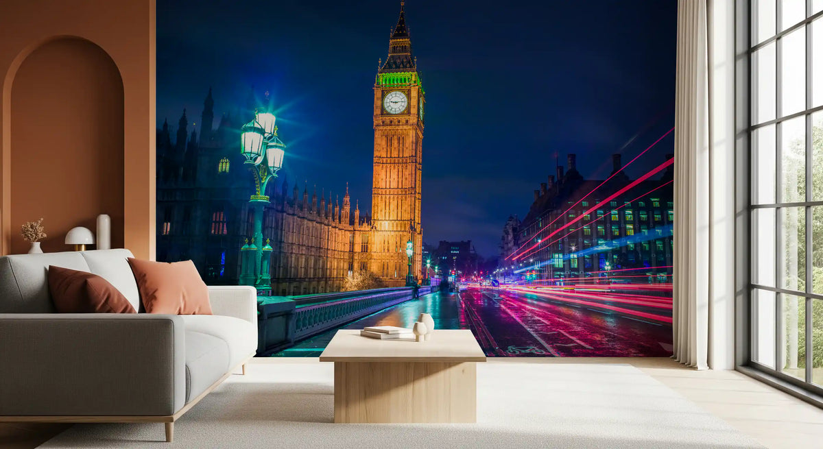 London metropolitan glow wall mural behind a grey sofa by a terracotta arch GD12629