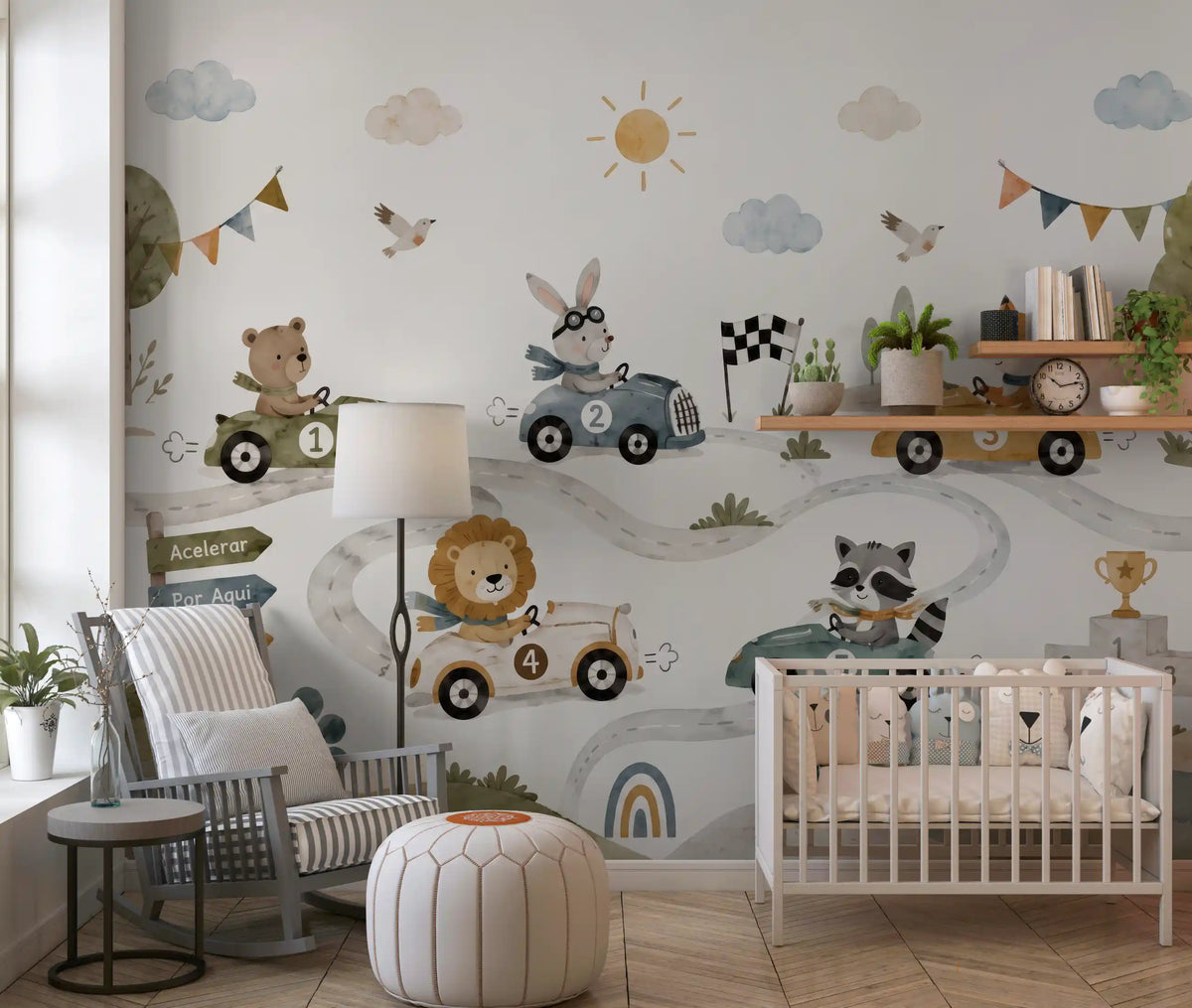 Animal race adventure wall mural above a white crib in a nursery with a rocking chair GD12630
