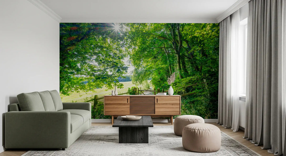 Woodland gate mural behind a sage green sofa and wood sideboard in a living room GD12636