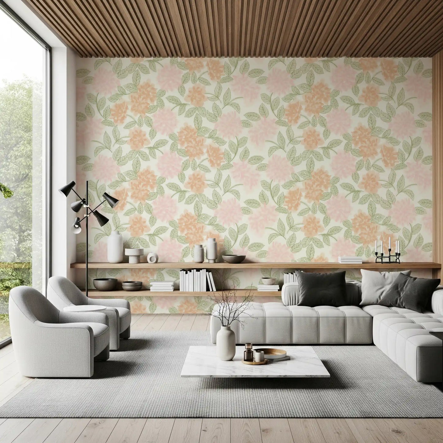 Serene Peony and Leaf Bloom Wallpaper⁠
