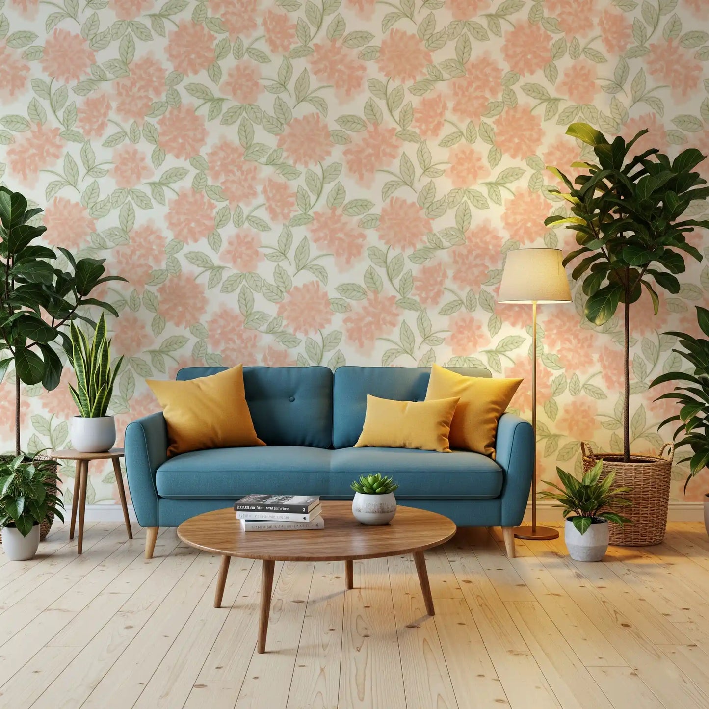 Minimalist Botanical Sage and Peach Garden Wallpaper⁠