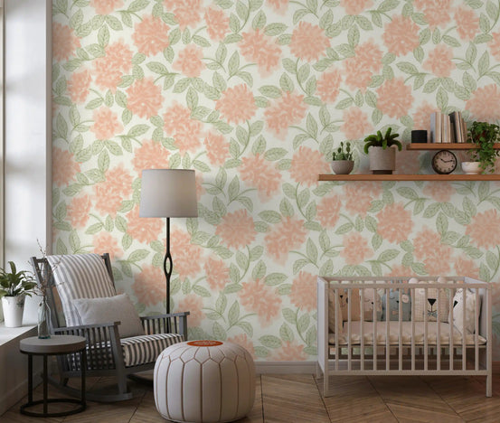 Minimalist Botanical Sage and Peach Garden Wallpaper⁠