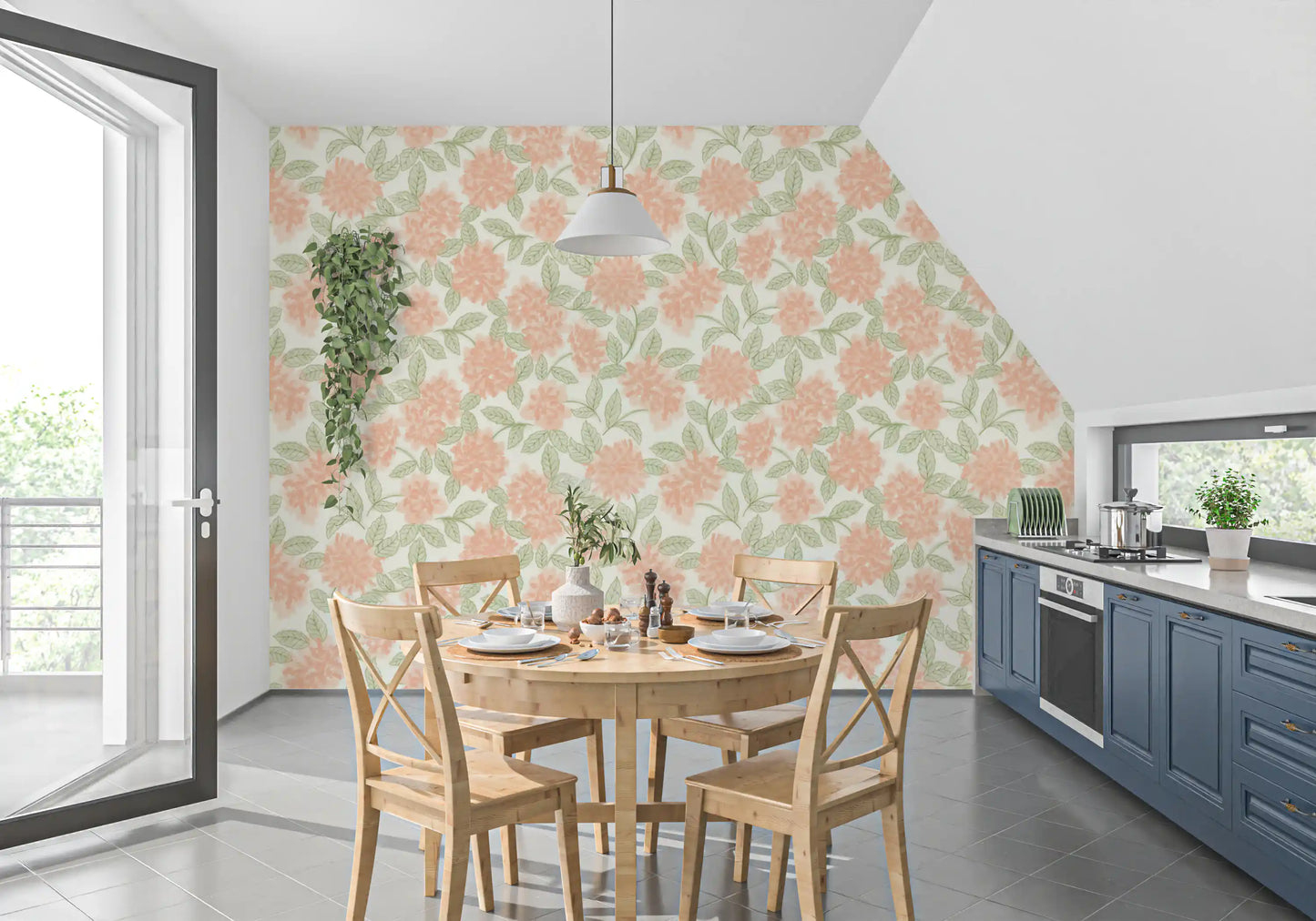 Minimalist Botanical Sage and Peach Garden Wallpaper⁠