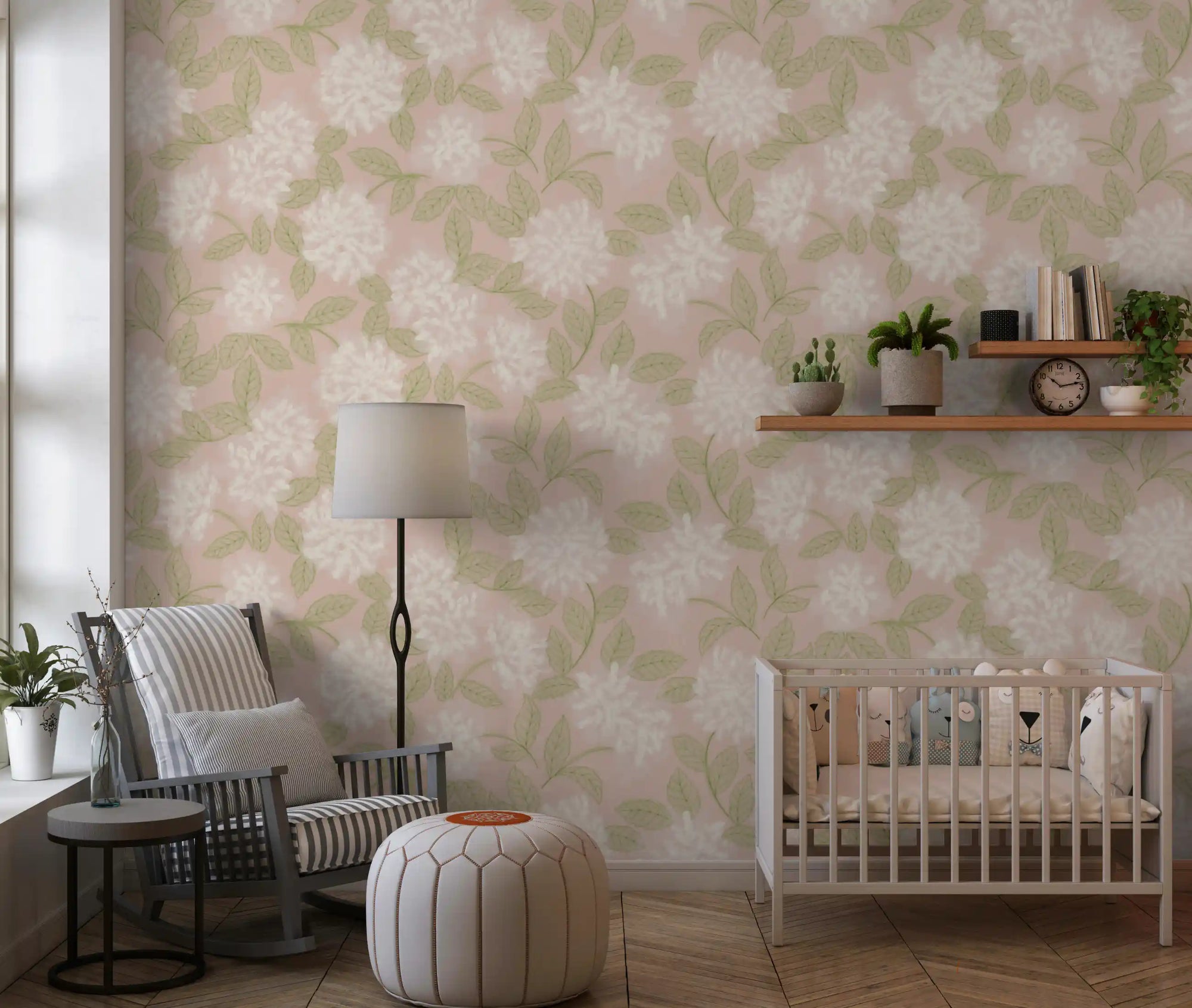 Muted meadow petal wallpaper in a nursery with a crib and grey armchair GD12650