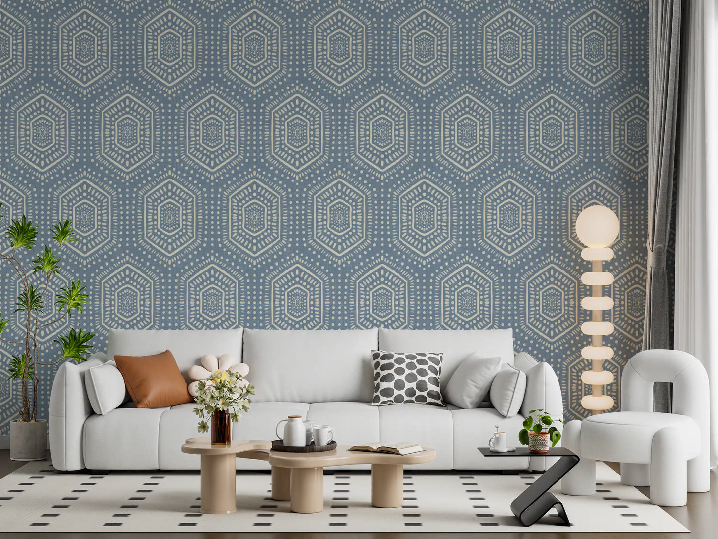 Boho Painted - Abstract Mudcloth Hexagons Tribal Geometric Pattern Jeans Jacket Blue Wallpaper⁠