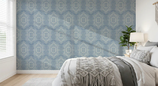 Boho Painted - Abstract Mudcloth Hexagons Tribal Geometric Pattern Jeans Jacket Blue Wallpaper⁠