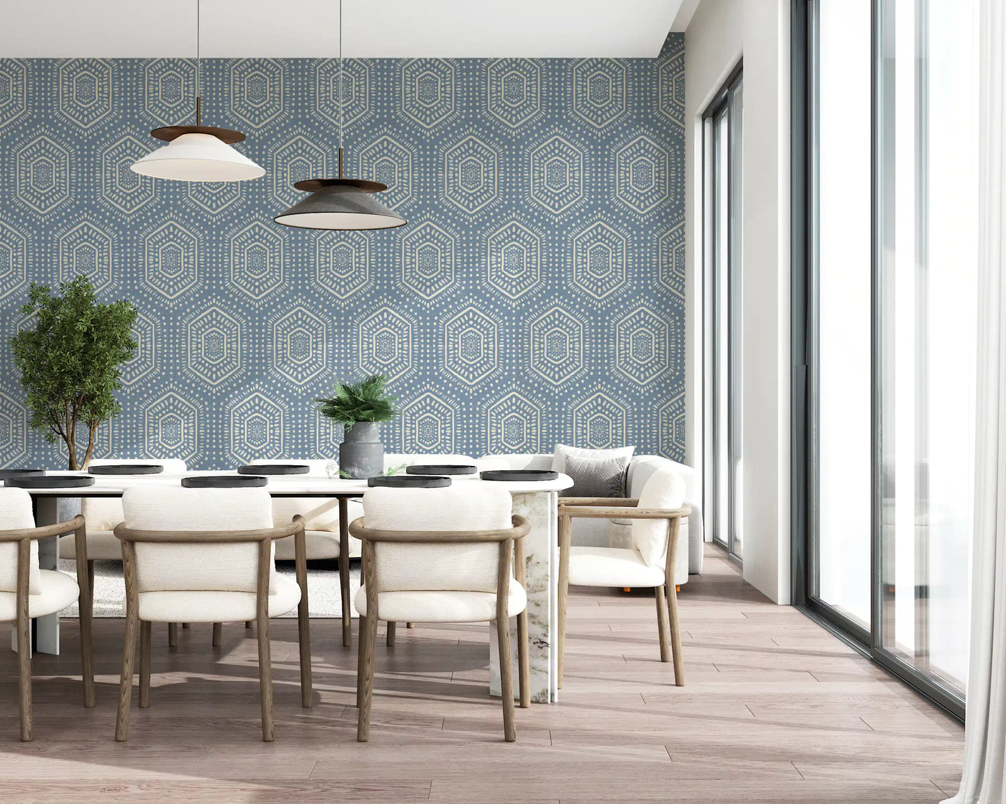 Boho Painted - Abstract Mudcloth Hexagons Tribal Geometric Pattern Jeans Jacket Blue Wallpaper⁠