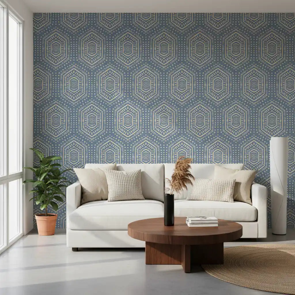 Boho Painted - Abstract Mudcloth Hexagons Tribal Geometric Pattern Jeans Jacket Blue Wallpaper⁠