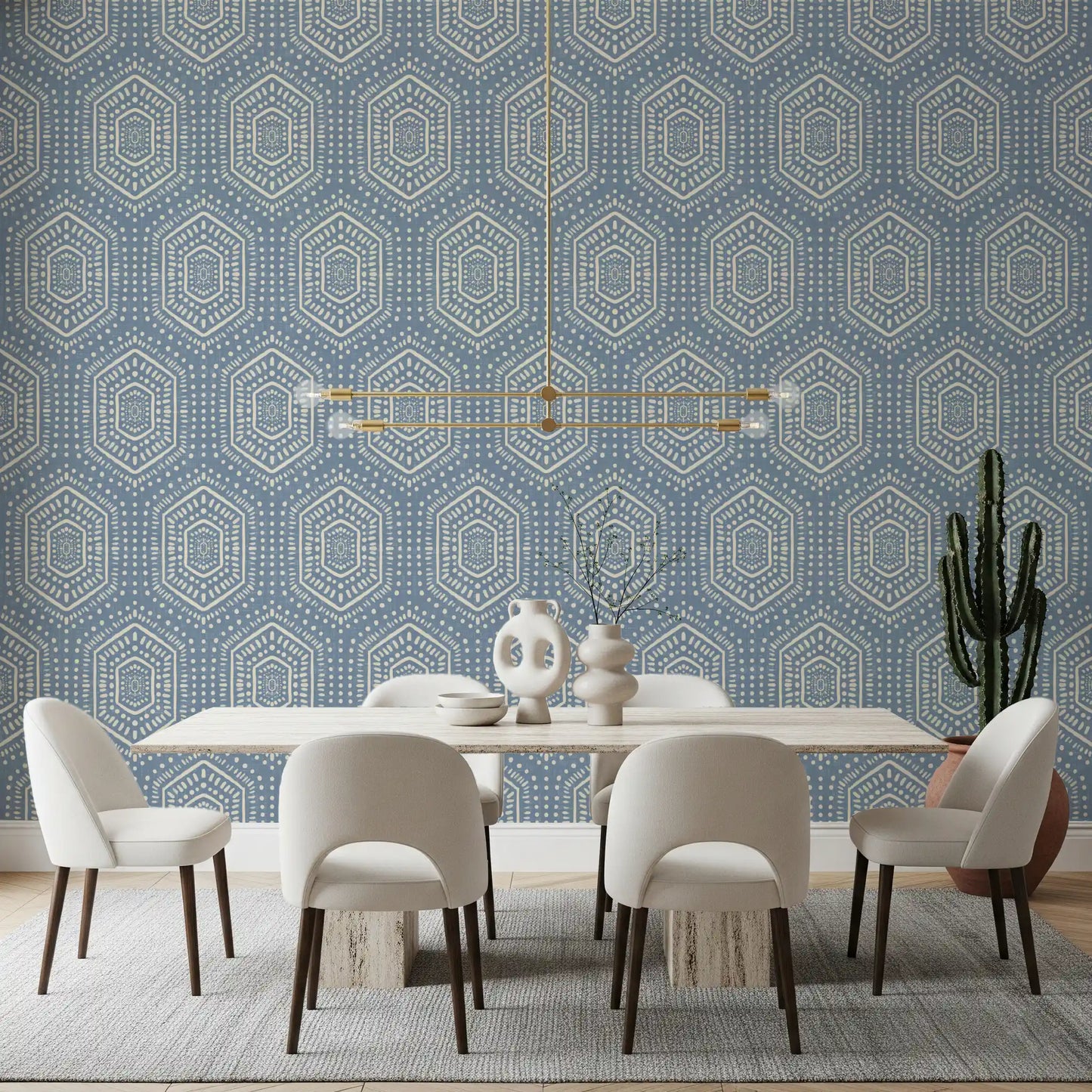 Boho Painted - Abstract Mudcloth Hexagons Tribal Geometric Pattern Jeans Jacket Blue Wallpaper⁠