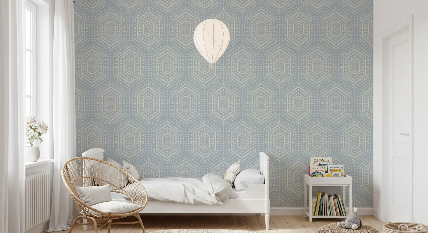 Boho Painted - Abstract Mudcloth Hexagons Tribal Geometric Pattern French Blue Wallpaper⁠