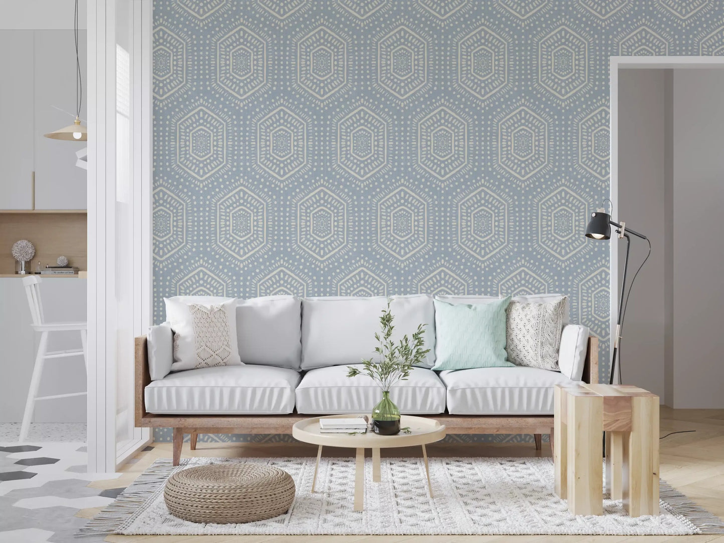 Boho Painted - Abstract Mudcloth Hexagons Tribal Geometric Pattern French Blue Wallpaper⁠