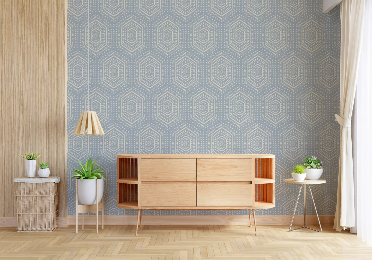 Boho Painted - Abstract Mudcloth Hexagons Tribal Geometric Pattern French Blue Wallpaper⁠