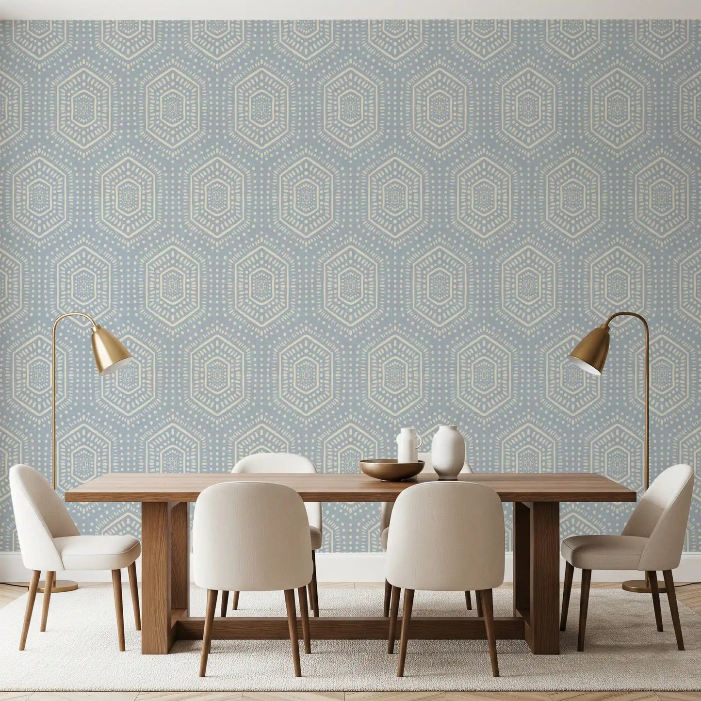 Boho Painted - Abstract Mudcloth Hexagons Tribal Geometric Pattern French Blue Wallpaper⁠
