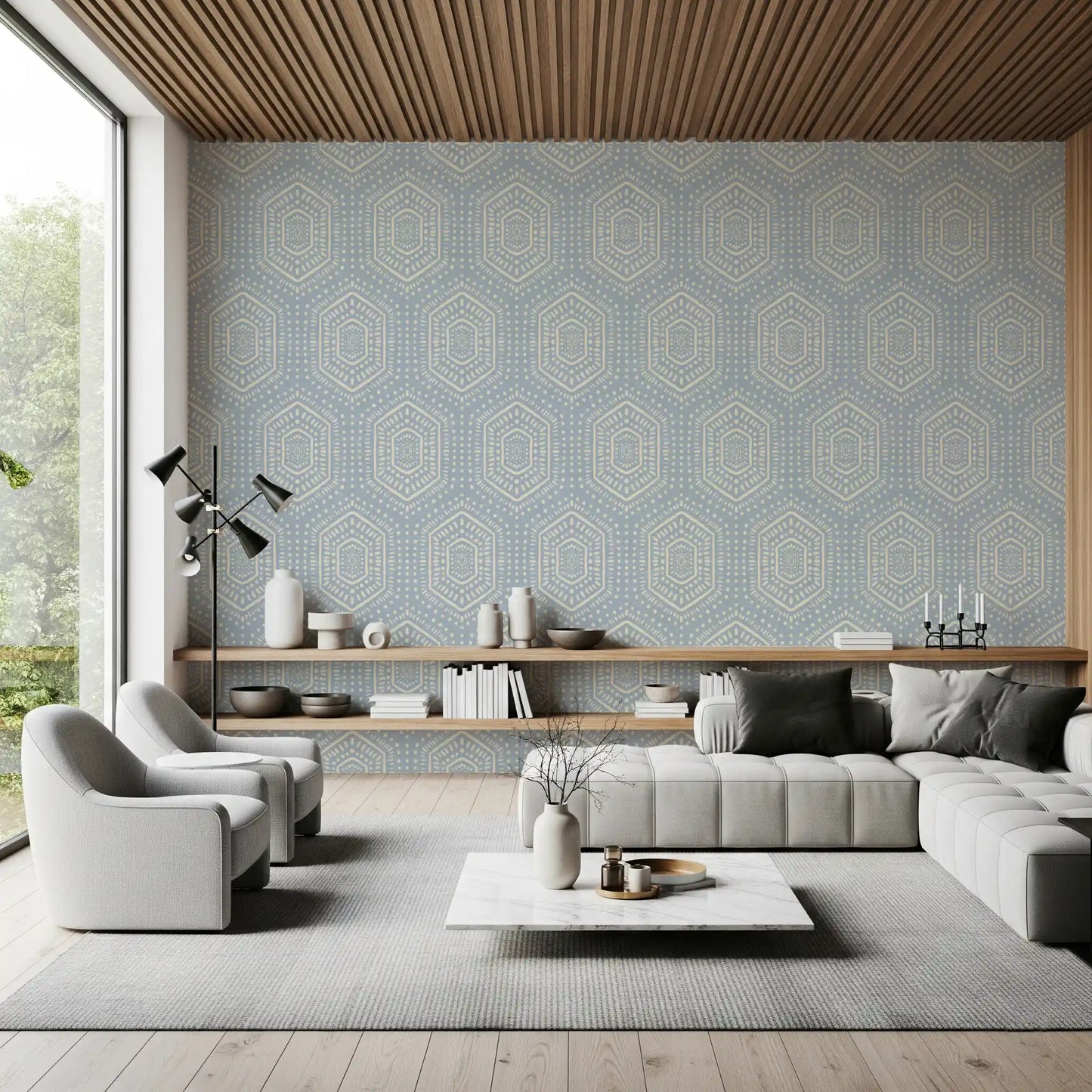 Boho Painted - Abstract Mudcloth Hexagons Tribal Geometric Pattern French Blue Wallpaper⁠