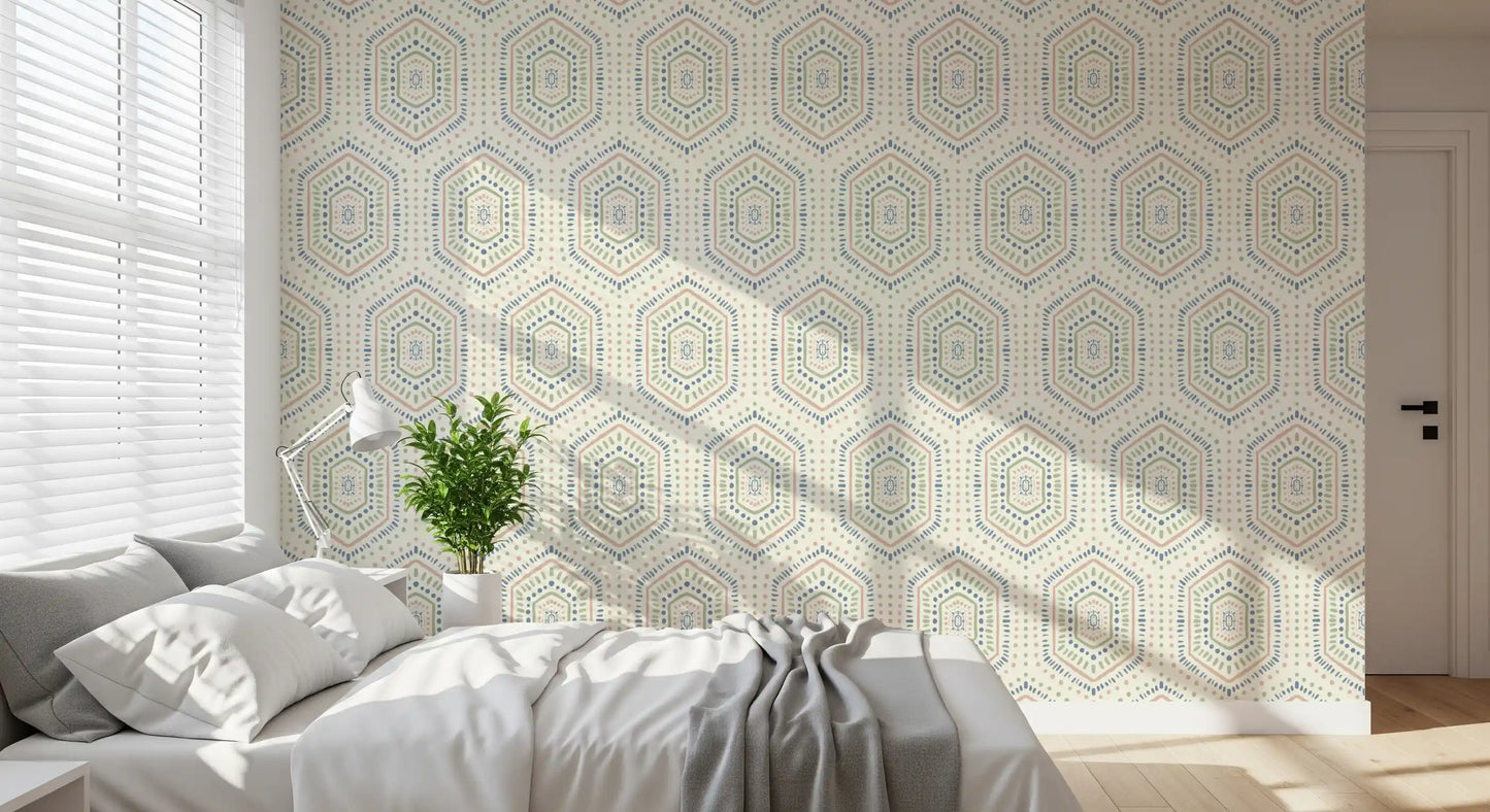 Boho Painted - Abstract Mudcloth Hexagons Tribal Geometric Pattern Grandmillennial Wallpaper⁠