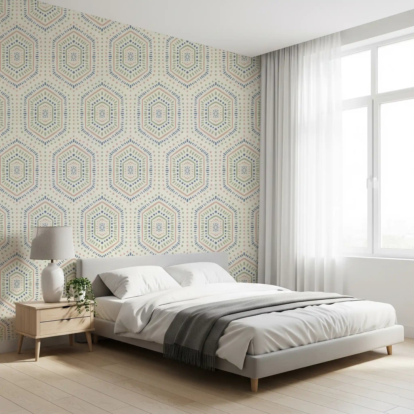 Boho Painted - Abstract Mudcloth Hexagons Tribal Geometric Pattern Grandmillennial Wallpaper⁠