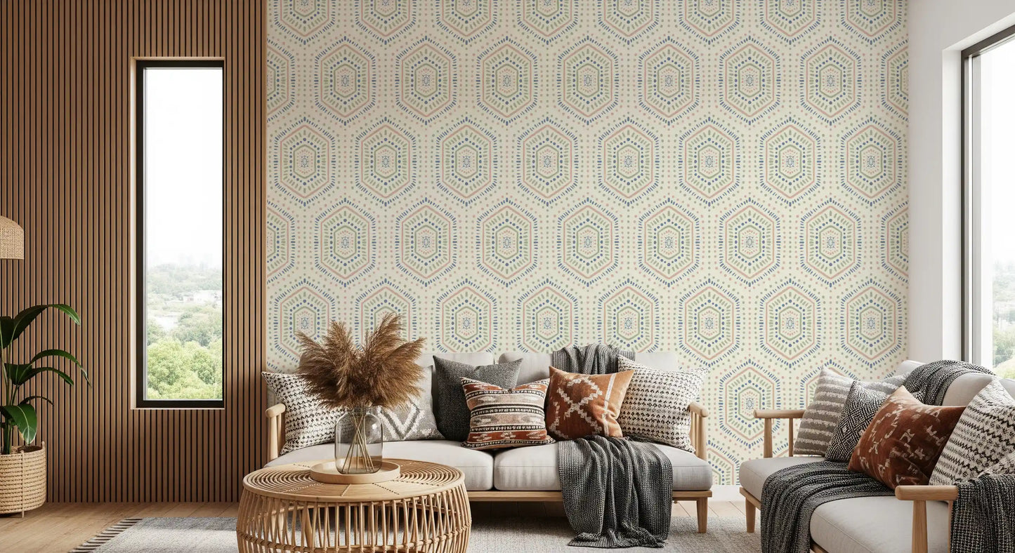 Boho Painted - Abstract Mudcloth Hexagons Tribal Geometric Pattern Grandmillennial Wallpaper⁠