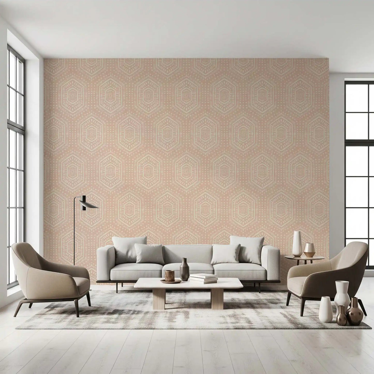 Boho Painted - Abstract Mudcloth Hexagons Tribal Geometric Pattern Cinnamon Tea Wallpaper⁠