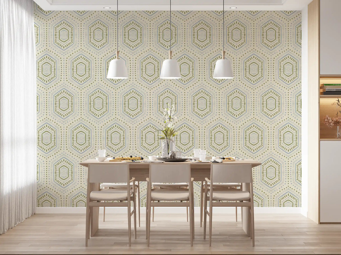 Boho Painted - Abstract Mudcloth Hexagons Tribal Geometric Pattern French Wallpaper⁠