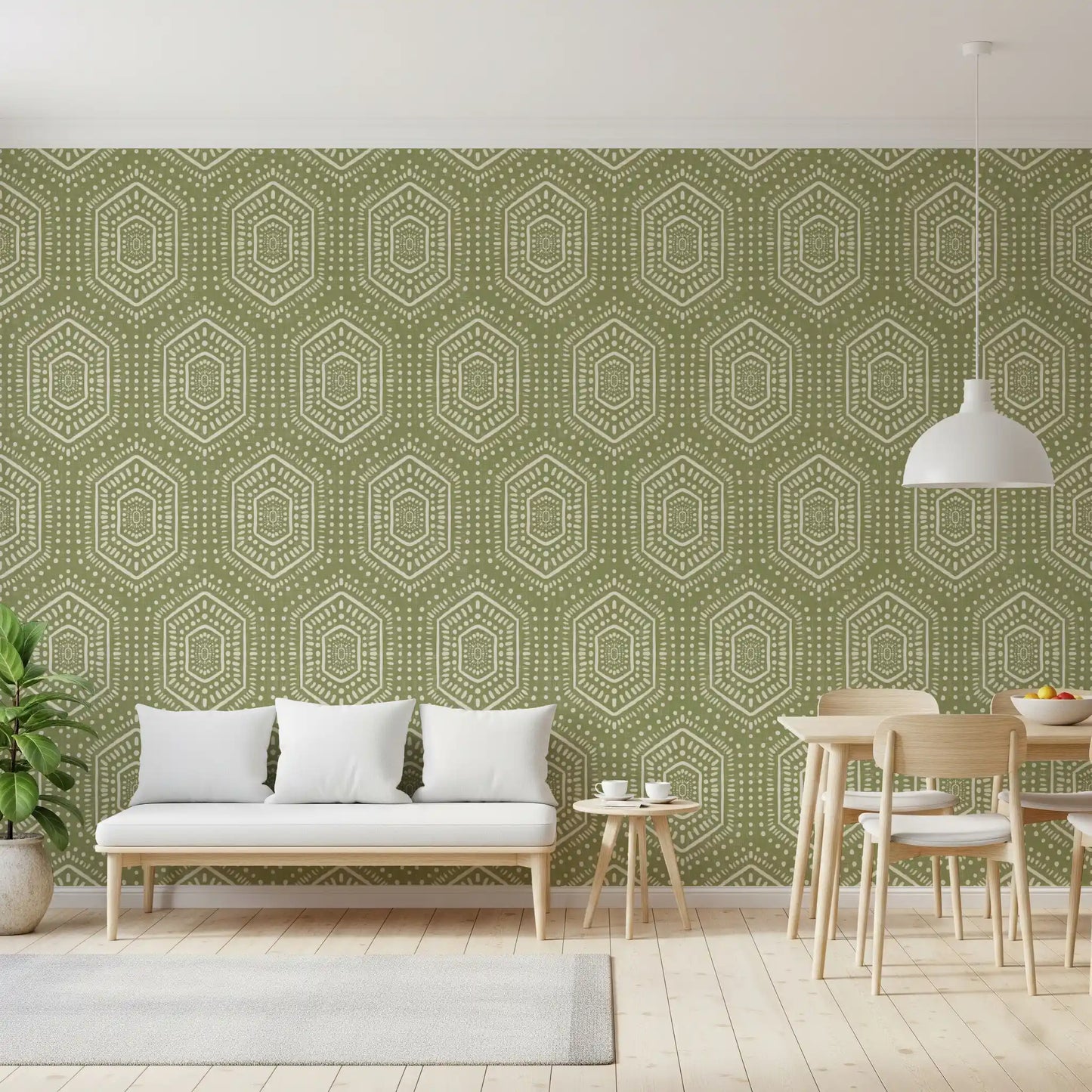 Boho Painted - Abstract Mudcloth Hexagons Tribal Geometric Pattern Meadow Green Wallpaper⁠