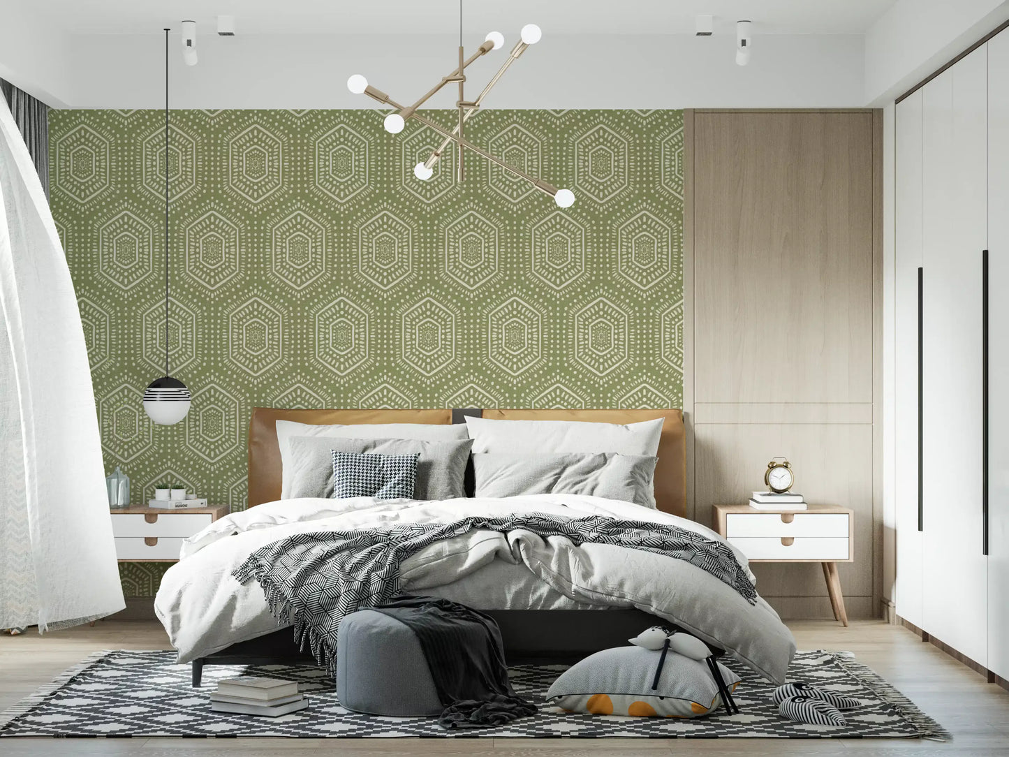 Boho Painted - Abstract Mudcloth Hexagons Tribal Geometric Pattern Meadow Green Wallpaper⁠