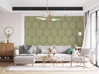 Boho Painted - Abstract Mudcloth Hexagons Tribal Geometric Pattern Meadow Green Wallpaper⁠