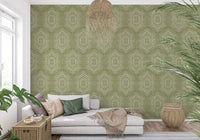 Boho Painted - Abstract Mudcloth Hexagons Tribal Geometric Pattern Meadow Green Wallpaper⁠