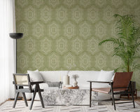 Boho Painted - Abstract Mudcloth Hexagons Tribal Geometric Pattern Meadow Green Wallpaper⁠