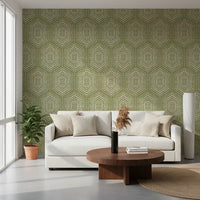 Boho Painted - Abstract Mudcloth Hexagons Tribal Geometric Pattern Meadow Green Wallpaper⁠