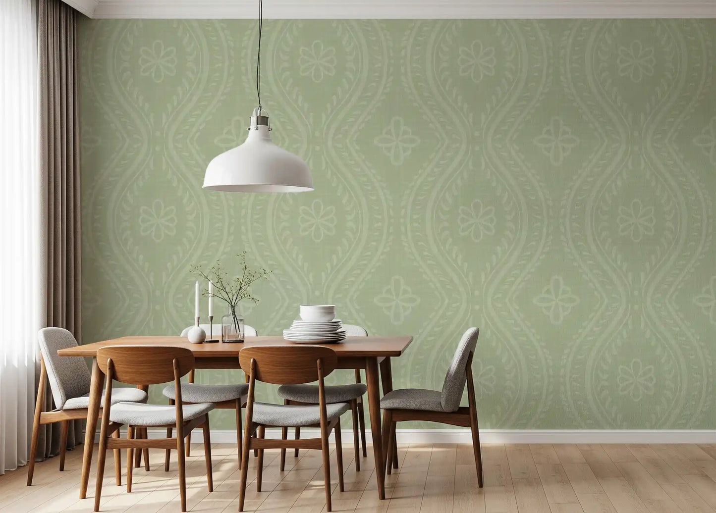 Faded Ogee Damask - Chopped Dill Wallpaper⁠
