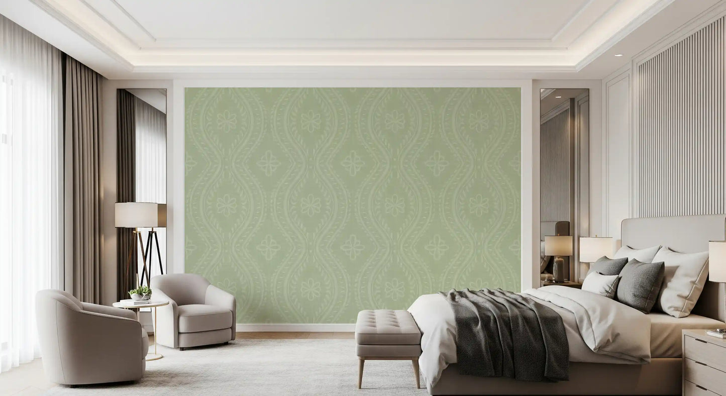 Faded Ogee Damask - Chopped Dill Wallpaper⁠