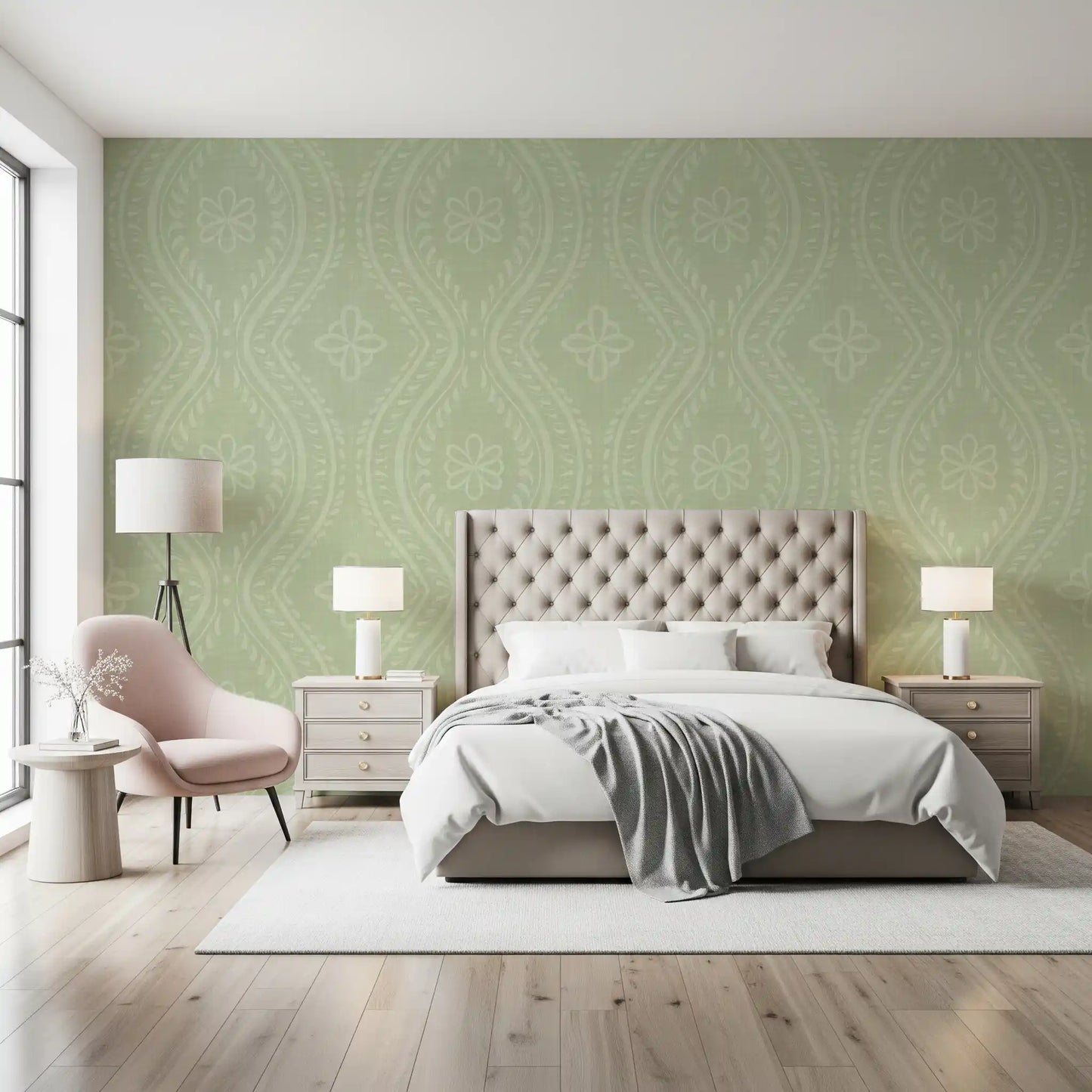 Faded Ogee Damask - Chopped Dill Wallpaper⁠