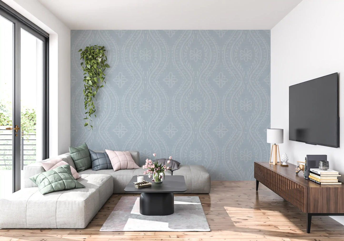Faded Ogee Damask - French Blue Wallpaper⁠