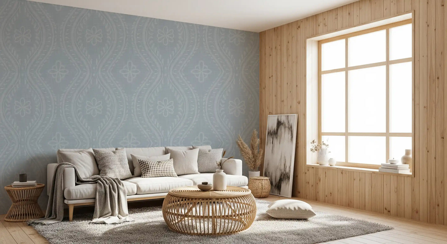 Faded Ogee Damask - French Blue Wallpaper⁠