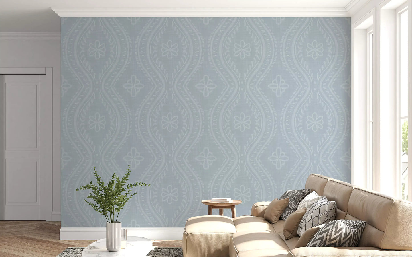 Faded Ogee Damask - French Blue Wallpaper⁠