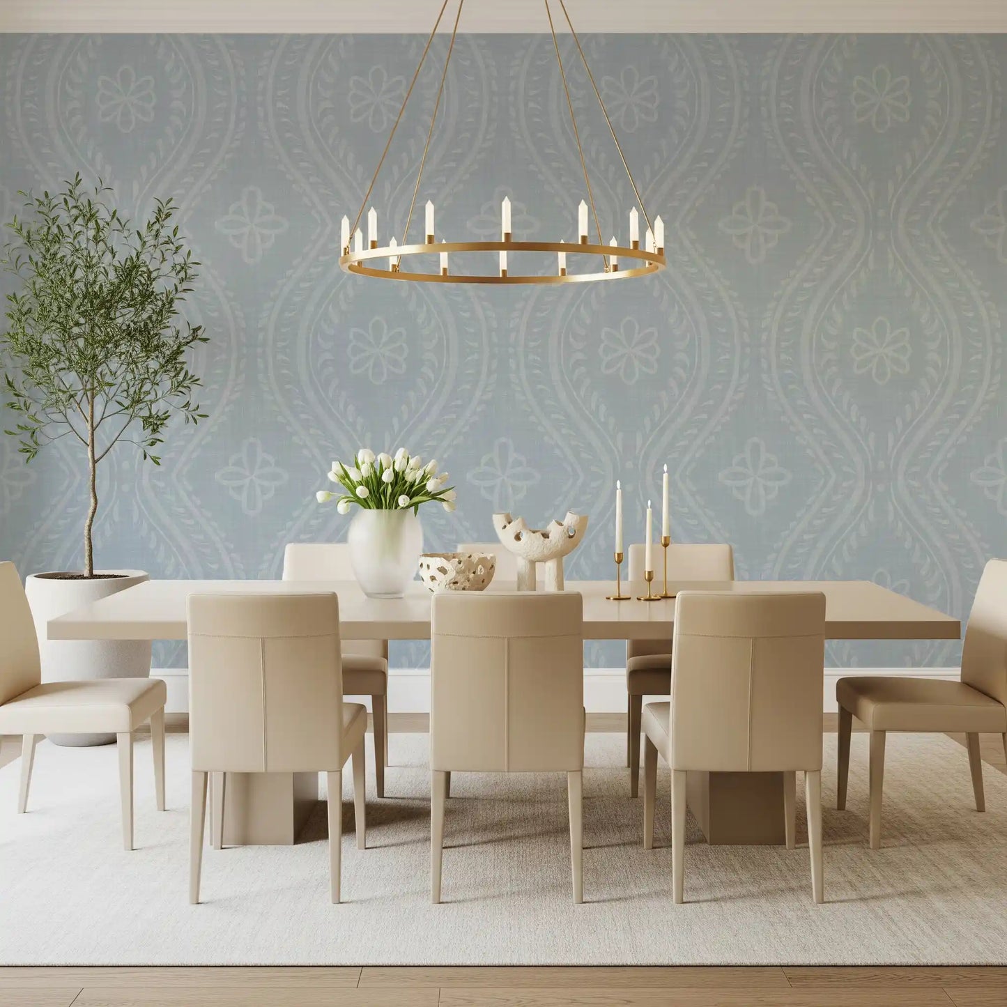 Faded Ogee Damask - French Blue Wallpaper⁠